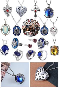 the collage shows many different necklaces and pendants with pictures on them, as well as photos