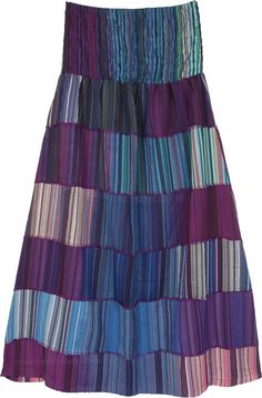 All that works cotton skirt in breathable cotton fabric, a splendid horizontal patchwork skirt in blue and purple hues.  It is stitched by attaching horizontal rows of fabric in 6 rows. #tlb #Patchwork #Misses #MaxiSkirt #Striped #cottonlongskirt #boholongskirt #blueandpurplelongskirt Purple Cotton Beach Skirt, Blue Cotton Patchwork Skirt, Purple And Blue Outfit, Purple Cotton Lined Skirt, Long Purple Cotton Skirt, Purple Cotton Tiered Skirt, Long Cotton Skirt, Pretty Pants, Ankle Length Skirt