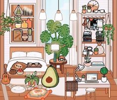 an illustration of a bedroom with plants, books and other things on the shelves in it