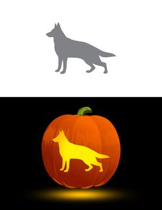 an orange pumpkin with a dog cut out of it's side and the top half showing