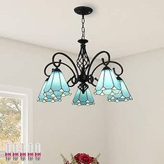 Aeyee Tiffany Pendant Light Fixture, Stained Glass Hanging Light, Vintage Blue Chandeliers for Living Room Stairway Foyer (5 Lights) Decorating Color Schemes, Living Room Sunroom, Tiffany Chandelier, Bungalow Interiors, Stained Glass Chandelier, Glass Lamp Shades, Overhead Light, Ceiling Fans With Lights, Fitted Bedrooms