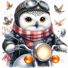 an owl is wearing a scarf and riding on a motorcycle with birds flying around it