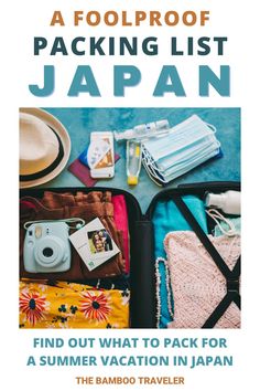 an open suitcase with the words packing list japan and other items in it on top