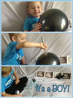 a collage of photos showing a boy holding a balloon and cutting it with a knife