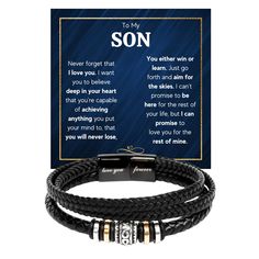 a black leather bracelet with two tone gold accents and an engraved message on it that says, to my son