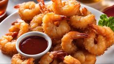 shrimp with dipping sauce on a white plate