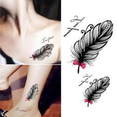 three different pictures of tattoos with feathers on them