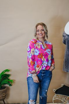 Unleash your inner fashionista with our Liz Pinky Promise blouse! This stunning multi pink floral blouse features quarter sleeves with button detailing, perfect for adding a touch of elegance to any outfit. Make a statement with this versatile and stylish piece. Pink Floral Blouse, Pinky Promise, Floral Blouse, Quarter Sleeve, Pink Floral, Floral, Pink