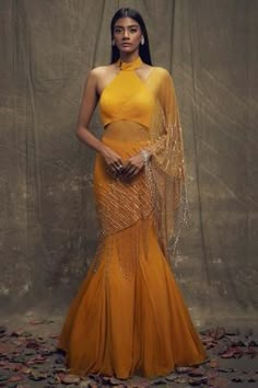 Shop for Shloka Khialani Yellow Georgette Pre-draped Saree With Blouse for Women Online at Aza Fashions Shloka Khialani, Drape Sarees, Drape Saree, High Neck Blouse, Fishtail Skirt, Indian Gowns, Dress Indian Style, Mermaid Skirt, Indian Designer Outfits