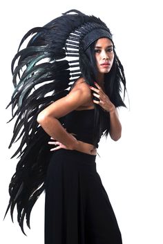 Indian style headdress, long length, rooster feathers natural black color with dark green shinny highlights Handmade with feathers, suede fabric, beads Hat circumference 59 cm approx, 23,2 inches approx Please note that our products are handmade with some natural materials. For this reason the used materials such as leather and feathers may have slight variations in color. Please do not forget to send us a message confirming the delivery address and contact phone number. Your package could not b Black Feathered Headpiece For Costume, Black Ostrich Feather Headpiece, Black Ostrich Feather Trim Headpiece, Bohemian Black Costume Hat For Halloween, Black Bohemian Headpiece For Cosplay, Black Bohemian Headpiece For Halloween, Black Feathered Costume Hats And Headpieces, Indian Headress, Indian Headband