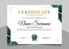 an award certificate with a green and gold design