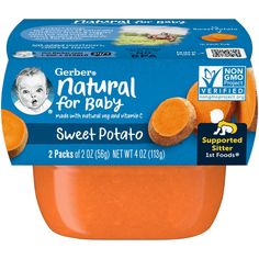 an orange baby food container with the label for natural for baby sweet potato on it