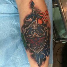 Zelda Shin Tattoos, Shield Tattoo, Kanji Tattoo, Nerdy Tattoos, Shin Tattoo