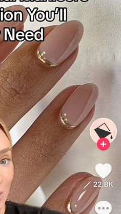 Nude with gold at cuticle Gold Detail Nails Simple, Gold Cuticle Nail Art, Gold Cuticle Nails, Neutral Nails With Gold Accent, Nails With Gold Dress, Subtle Gold Nails, Gold Oval Nails, Nude Nails With Gold Accent, Gold Nude Nails