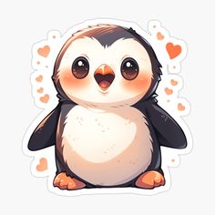 a cute penguin with hearts around it's neck sticker on a white background