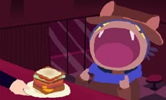 a cartoon character with his mouth open next to a sandwich