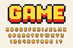 an old school computer game font and numerals set in 8 bit pixel style