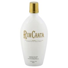 a bottle of rum chata on a white background with gold trimmings and the word rum chata written below it