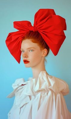 a woman wearing a red bow on her head