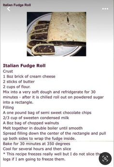 the recipe for italian fudge roll is shown on an iphone screen, and it appears to be made from scratchsticks