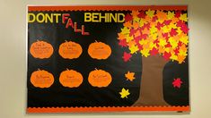 a bulletin board with pumpkins and leaves on it that says, don't fall behind