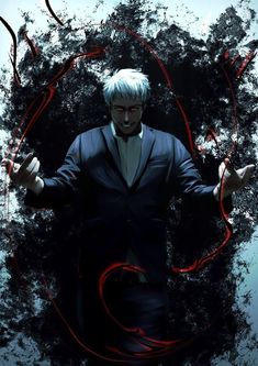 a man with white hair and blue eyes in a black suit holding his hands out