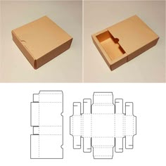 an open cardboard box with two sections cut out to show the inside and side views