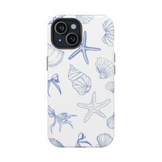 an iphone case with shells and starfishs on it, all in white background