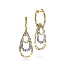 A pair of stylish 14K Yellow-White Gold Diamond Huggie Earrings from Gabriel & Co's Hampton Collection, featuring intertwined teardrop-shaped loops. These earrings combine textured 14K yellow-white gold elements with a secure latch back closure and include three nested loops, adding elegance to the overall design. Teardrop Hoop Earrings, Diamond Chandelier Earrings, Teardrop Diamond, White Gold Diamond Earrings, Diamond Huggie Earrings, Diamond Huggies, Turquoise Drop Earrings, Luxury Earrings, Huggie Earrings