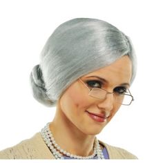 Instantly age yourself with a Grandma Wig. This granny wig gives you a full head of silver hair that's parted down the middle and pulled back into a tight bun. Interior mesh lining is attached for comfort so you never have to leave character! It's the perfect finishing touch for your historical costume or Grandma costume.  Grandma Wig product details:  Polyester  Attached lining One size fits most teens and adults  Intended for adult use only. Granny Hairstyles, Grandma Wig, Granny Wig, Grandma Costume, Funny Wigs, Wig Party, Grey Wig, Halloween Costume Shop, Lace Hair