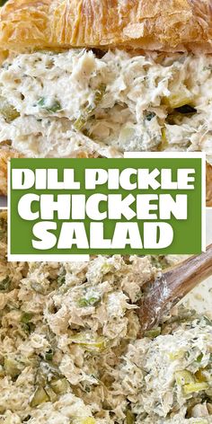 Chicken salad recipe with dill pickles, dill, and dill pickle juice. Dill Pickle Roll Ups, Dill Pickle Chicken Salad, Dill Chicken Salad, Pickle Chicken Salad, Crunchy Salads, Dill Pickle Chicken, Dill Pickle Juice, Savory Sandwiches, Pickle Chicken