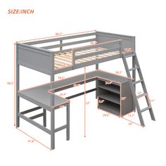 bunk bed with desk underneath and shelves for storage in the bottom section, height guide