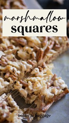 a close up of food on a pan with the words marshmallow squares above it