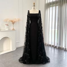 Dreamy Vow Luxury 3D Flowers Black Satin Arabic Evening Dress with Cape Elegant Mermaid Long Women Formal Party Gowns 479 Arabic Evening Dress, Evening Dress With Cape, Concert Dress, Sangeet Outfit, Dress With Cape, Red Kurta, Black Evening Gown, Extravagant Wedding, Formal Parties