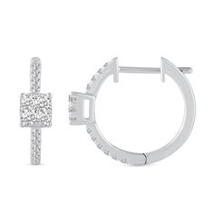 Dress up your ears in charming detail when you wear these cushion-shaped multi-diamond huggie hoop earrings in white gold. Created in 14K white gold Each earring showcases a cushion-shaped composite of sparkling diamonds. The diamond-lined hoop provides a sparkling back drop. Radiant with 1/2 ct. t.w. of diamonds These earrings secure with hinged backs. Classic Diamond Huggie Earrings With Halo, Diamond Halo Huggie Earrings Fine Jewelry, Fine Jewelry Diamond Huggie Earrings With Halo, Formal Diamond Huggie Earrings With Halo, Diamond Halo Huggie Earrings, Formal Diamond Halo Huggie Earrings, Diamond Huggie Earrings With Halo, White Small Hoop Diamond Earrings Fine Jewelry, White Diamond Huggie Earrings, Fine Jewelry