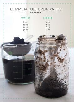 two jars filled with liquid sitting on top of a table next to a measuring cup