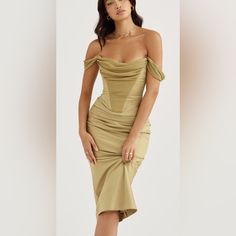 Make A Statement At Your Next Party Or Cocktail Event With This Stunning House Of Cb Salma Corset Slip Dress. The Dress Features A Strappy Sleeve Design With A Zip Closure And A Satin Green Fabric Type. The Dress Is Adorned With Beautiful Lace Trim Details That Add A Touch Of Elegance To The Overall Look. This Midi-Length Dress Is Perfect For Any Season, Whether It Be Summer, Fall, Or Spring. The Corset Feature Of The Dress Provides A Flattering Fit For Any Body Type, And The Polyester Blend Mat Corset Skeleton, Stylish Midi Dress, Satin Bodycon Dress, Corset Midi Dress, Duchess Satin, Yellow Midi Dress, Draped Skirt, Satin Maxi, Satin Maxi Dress