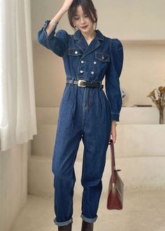 Elegant Dark Blue Puff Sleeve denim Jumpsuit SpringFabric: Cotton BlendedSize & Fit: Fit: This garment fits true to size.Length: Size S measures 51.48"from shoulder to hemBust: Great for any cup size. Waist: Loose Fit. Comfortable room throughout midsection.Hip: Loose Fit - room for hips. Hand Wash Cold. Jumpsuit Spring, Womens Denim Jumpsuit, Moda Denim, Suit Jumpsuit, Chic Fall Outfits, All Jeans, Jumpsuit Elegant, Black Pants Casual, Comfortable Room