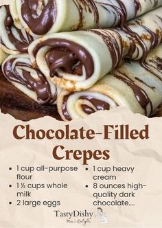 chocolate filled crepes are stacked on top of each other with the recipe below