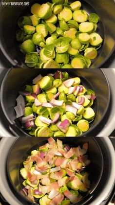 three pans filled with different types of vegetables and meat inside of each one, including brussel sprouts