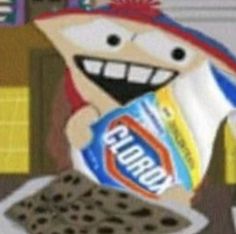 a cartoon character holding a bag of chips