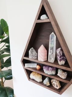 Diamond Crystal Display Shelf - coppermoonboutique Triangle Mountain, Crystal Display Shelf, Crystal Room Decor, Unique Shelf, Mountain Shelf, Geometric Shelves, Zen Home Decor, Crystal Room