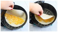 two pictures showing how to make cheese tortilla in an air fryer and then place it on top of the bread