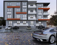 an artist's rendering of a modern apartment building with cars parked in the parking lot