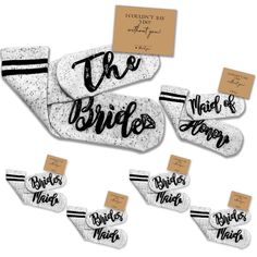 six pairs of socks that say the bride and groom