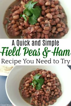 two white bowls filled with beans and garnished with cilantro