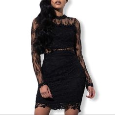 The Akira Be Around Lace Mini Dress Is Not Your Grandma’s Doilies, Made From Sheer Lace With Lining In The Skirt And Over Your Chest, Unlined In The Long Sleeves And Back, With Flowers Around The Mock Neck And Cuffs, And A Disguised Zipper Up The Back, In A Body-Hugging Mini Fit. Brand New With Tags, No Flaws. Fitted Black Mini Dress With Lace Trim, Black Lace Mini Length Bodycon Dress, Black Lace Mini Bodycon Dress, Black Lace Bodycon Dress With Lace Trim, Fitted Black Lace Bodycon Dress, Bodycon Mini Lace Dress For Night Out, Black Lace Bodycon Dress For Night Out, Black Lace Trim Bodycon Dress, Black Lace Trim Bodycon Dress For Date Night