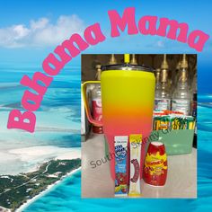 an image of the beach with drinks and snacks on it that says, banana mama