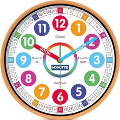 a colorful clock with numbers and times on the face for children to learn how to tell what time it is