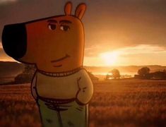 a cartoon dog is standing in the middle of a field at sunset, looking to his left